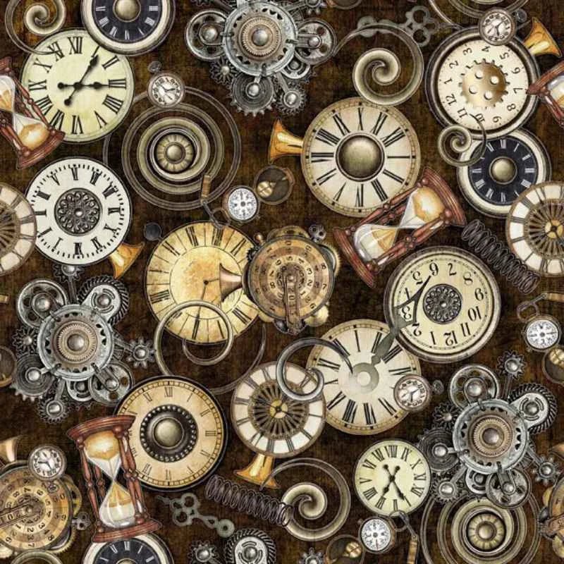 Dan Morris for Quilting Treasures 29564-A – steampunk cotton fabric with vintage clocks, gears, cogs, and hourglasses on brown background.