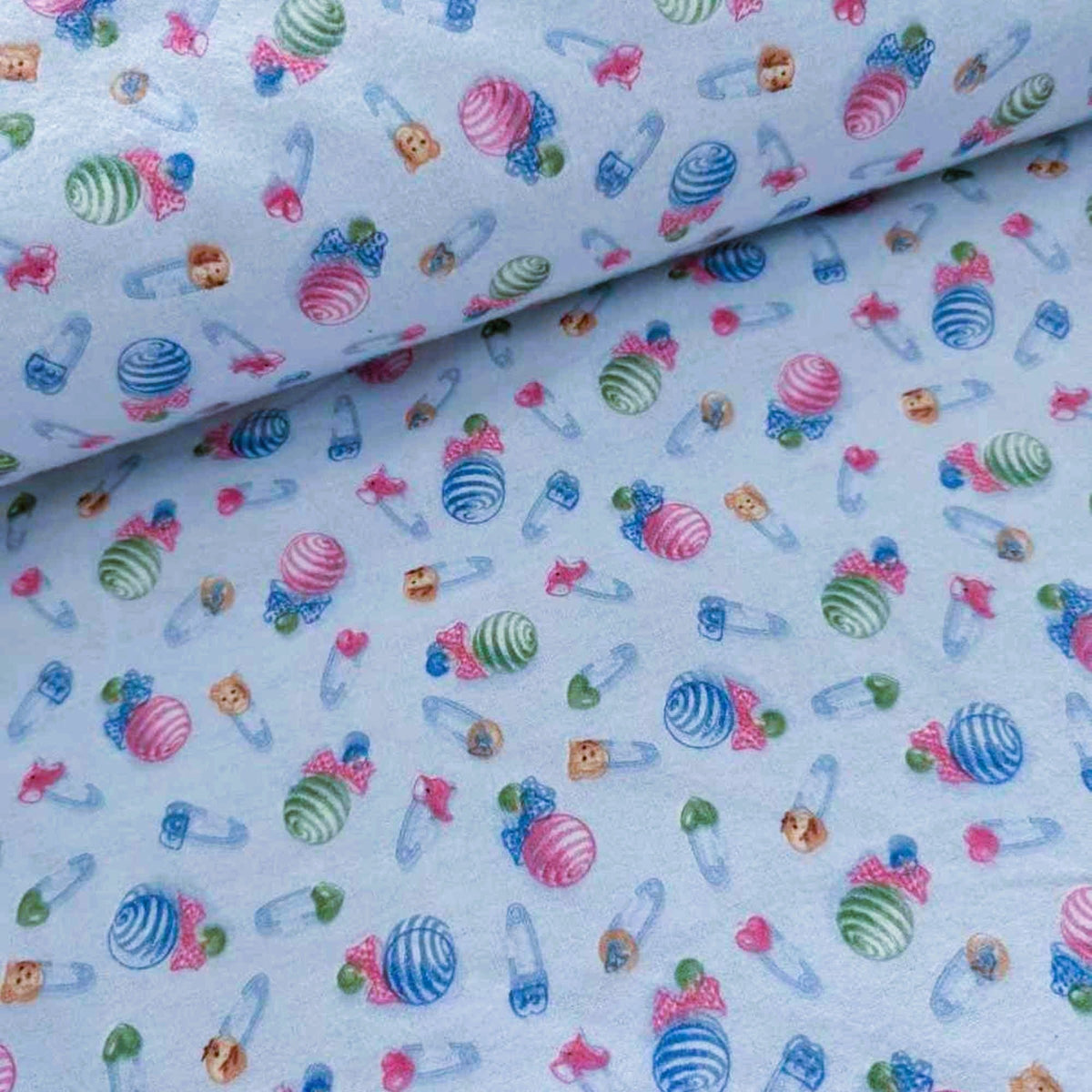 Baby Rattle and Safety Pins Flannel – Light Blue | 100% Cotton Nursery Fabric by Mai Designs