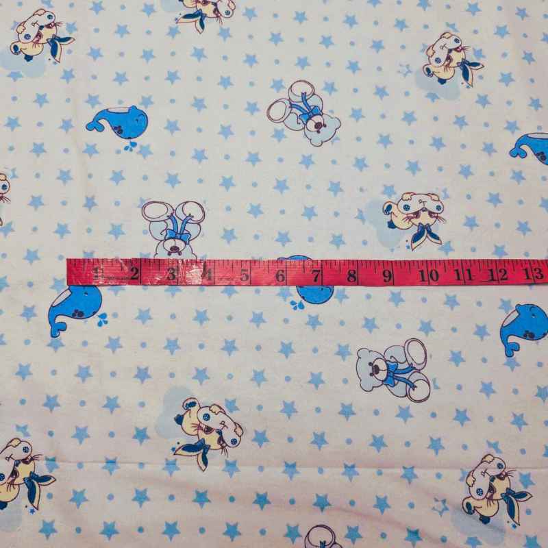 Blue Nursery FLANNEL, Teddy Bear, Whale and Stars on White