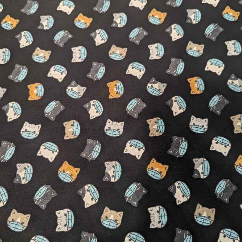 Cat Faces Cotton Fabric – Black Novelty Print with Masks, 44" Wide Quilting Cotton