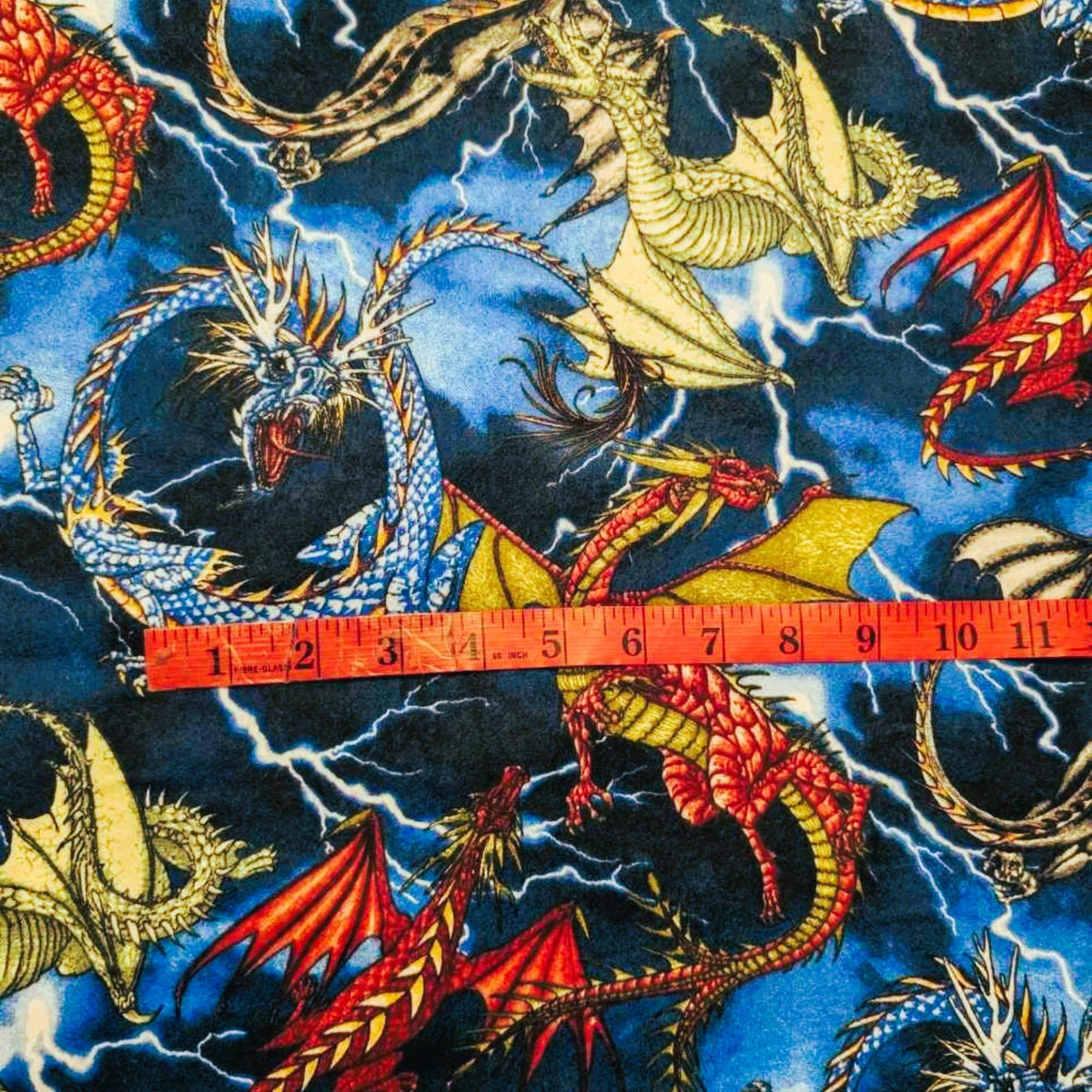 Colorful Dragons Cotton Flannel β Fantasy Creatures on Lightning Sky