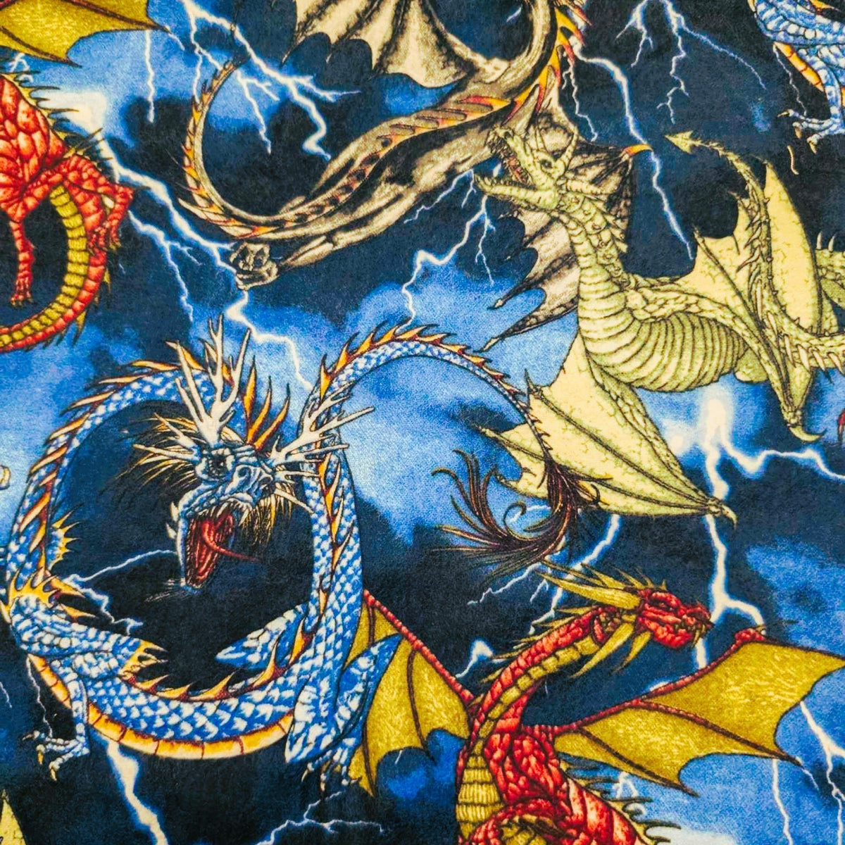 Colorful Dragons Cotton Flannel β Fantasy Creatures on Lightning Sky