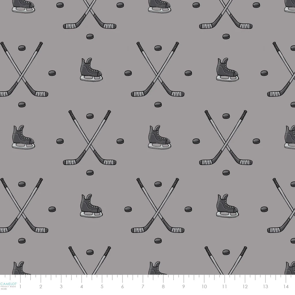 Hockey Anthem Cotton Fabric – Grey | North of Ordinary | Quilting Cotton