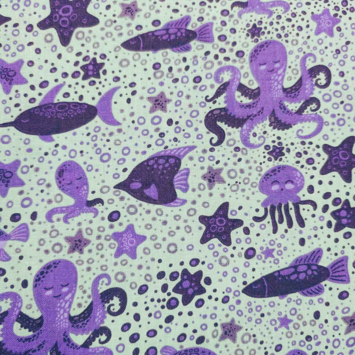 Purple Sea Creatures Cotton Fabric – Ocean Animals on Light Green, Quilting Cotton