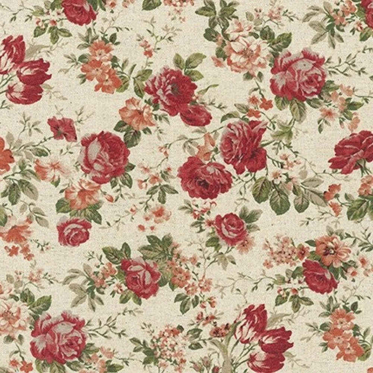 Vintage-inspired cotton flax fabric with red roses and green leaves on a natural beige background – ideal for home décor, quilting, and crafts