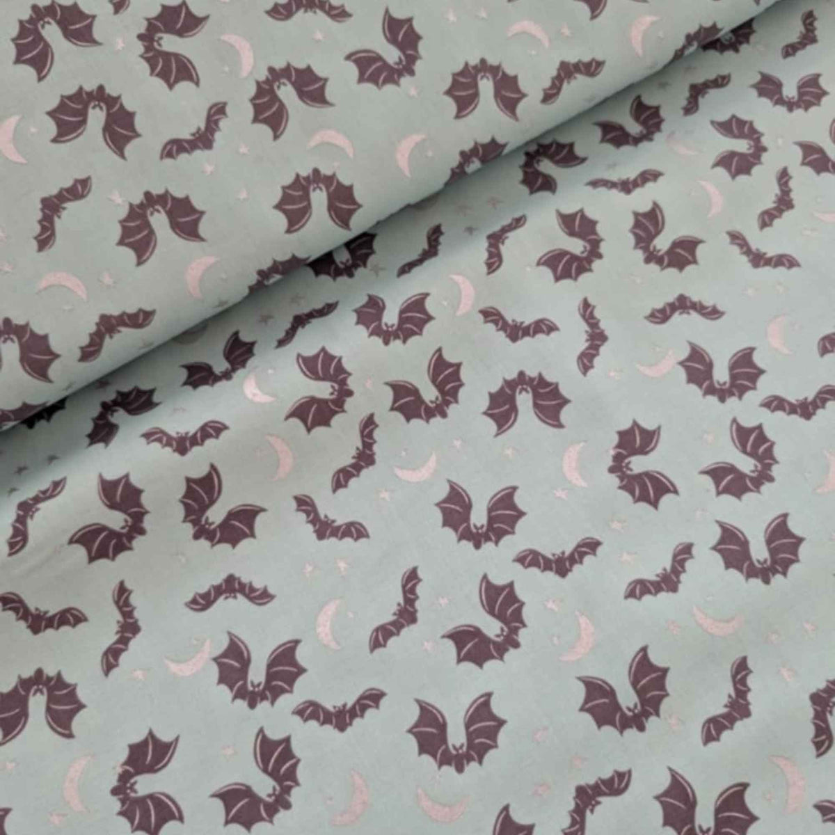 Spooky Hollow Teal Bat Cotton Fabric with Silver Shimmer β Halloween Print