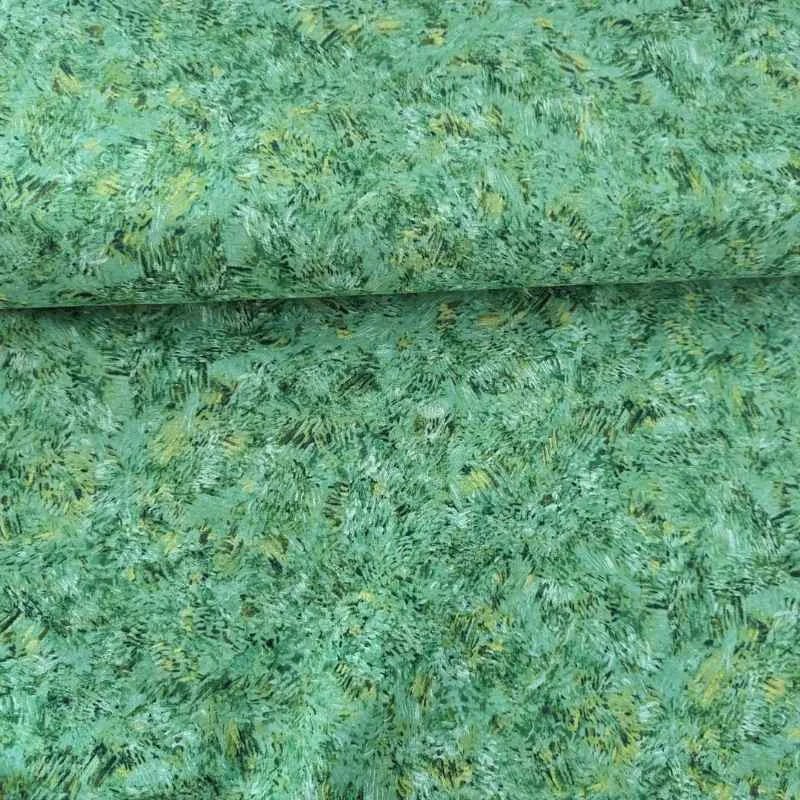 Robert Kaufman Van Gogh Wheatfield with Crows 73455 cotton fabric with green and gold painterly texture.