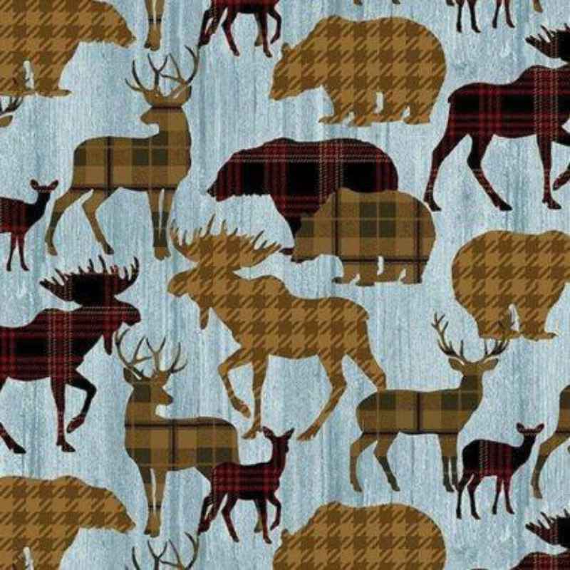 Rustic woodland cotton fabric with moose, deer, and bears in plaid and houndstooth by Thomas Kinkade Studio for Benartex, 1302980B.