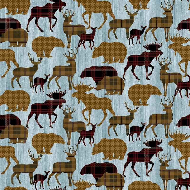 Rustic woodland cotton fabric with moose, deer, and bears in plaid and houndstooth by Thomas Kinkade Studio for Benartex, 1302980B.