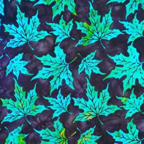 Batik by Mirah MH-BN-6-9358,  Maple Leaf batik quilting cotton in teal and green on purple background
