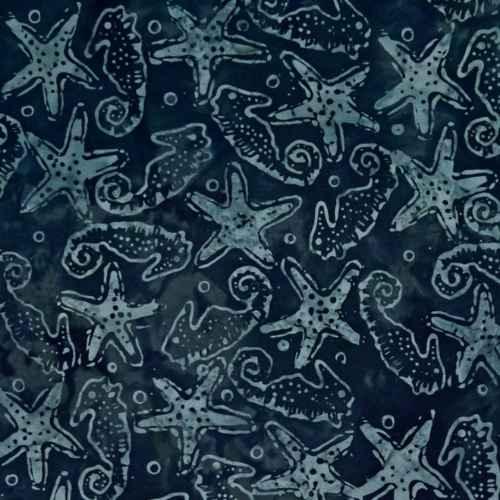 Batik by Mirah Blue Chase Peltro Grey MH-BS-3-9640, seahorse and starfish batik quilting cotton fabric in ocean blues