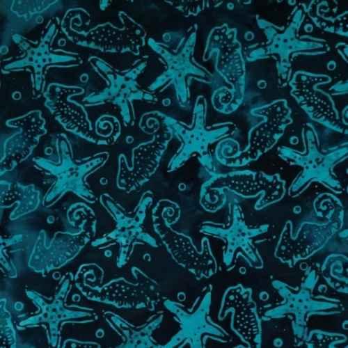 Batik by Mirah Blue Chase Fuego MH-BS-3-9636 – seahorse and starfish batik quilting cotton in teal on ocean blue