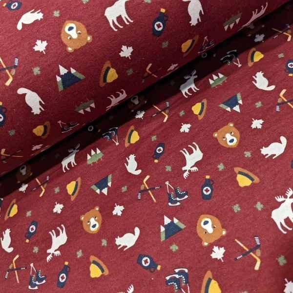 Canadian Wilderness and Sports Flannel Fabric on Burgundy Fabric