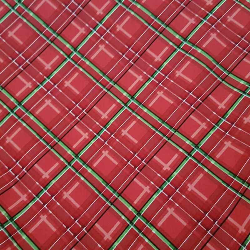 Hi-Fashion Fabrics 7291, Red and green Christmas plaid cotton fabric with white and black accents.