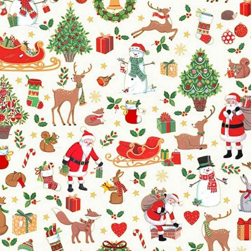 Merry Christmas Icon Montage by Makower UK, 2479, cotton fabric with Santa, reindeer, snowmen, sleighs, and gifts on cream background.