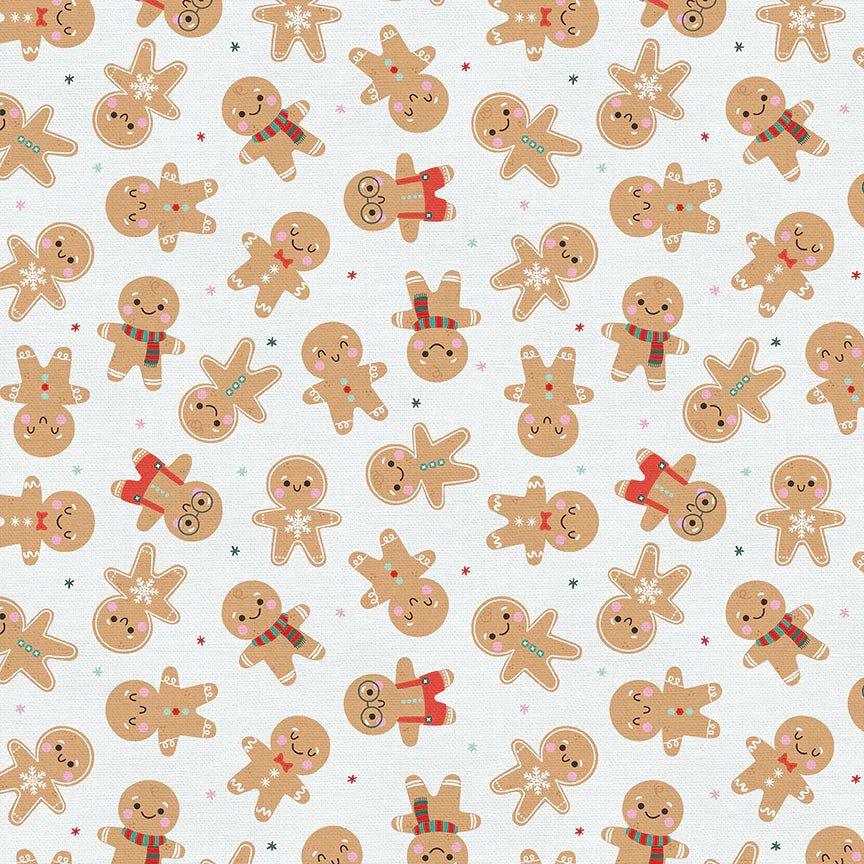 120-22075 Christmas Nostalgia by Angela Nickeas for Paintbrush Studio Fabrics – cotton fabric with tossed gingerbread cookies on white background.