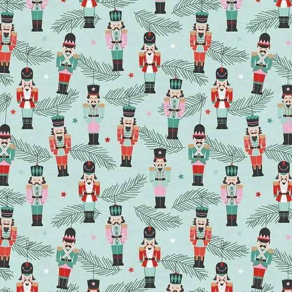 Christmas Nostalgia nutcracker fabric by Angela Nickeas for Paintbrush Studio, mint background with festive nutcrackers and evergreen sprigs.