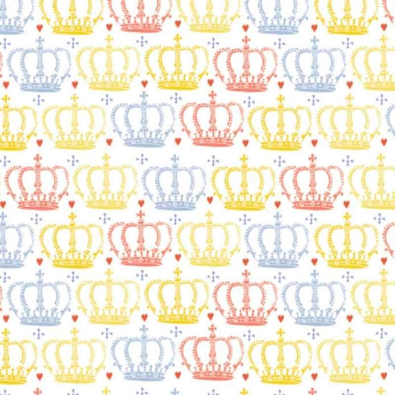 Camelot Fabrics From London With Love cotton fabric with red, yellow, and blue crown print on white background.