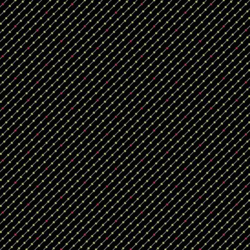 Andover Fabrics 9424 – black cotton fabric with diagonal dotted stripes in green, pink, and white.