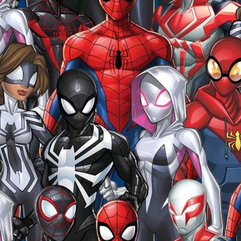 Springs Creative CP69717 Spiderman and Friends fabric with Spiderman, Spider-Gwen, Venom, and Marvel superheroes on cotton.