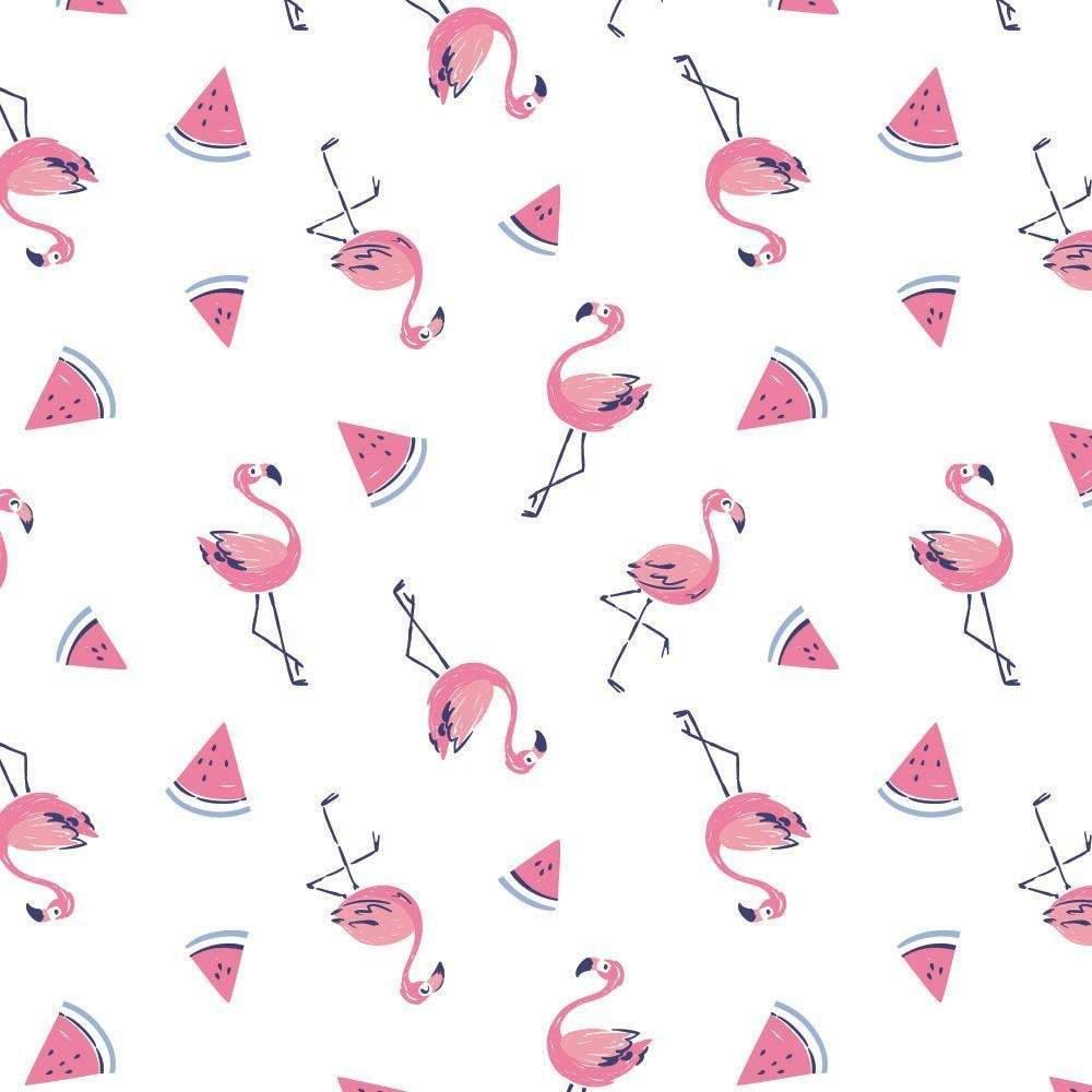White cotton fabric with pink flamingos and watermelon slice pattern, novelty quilting fabric.