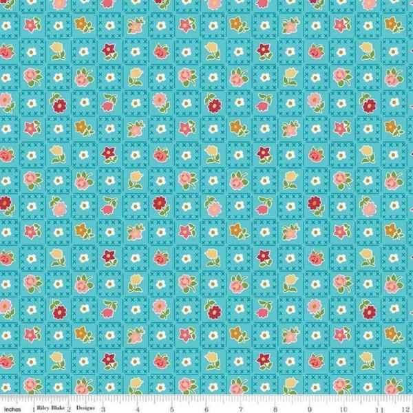 Riley Blake Granny Chic Garden C8521 blue cotton fabric by Lori Holt with small colorful flowers in quilt-style blocks, quilting cotton.