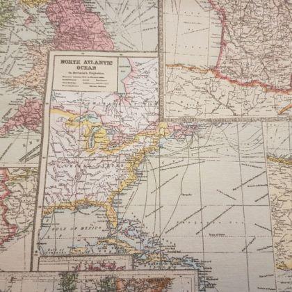 Map Fabric, Vintage World Map, Printed cotton canvas