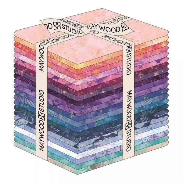 22-piece Fat Quarter Bundle, Dusk to Dawn Batiks by Monique Jacobs for Maywood Studio, stacked batik quilting cottons in twilight-inspired colors.