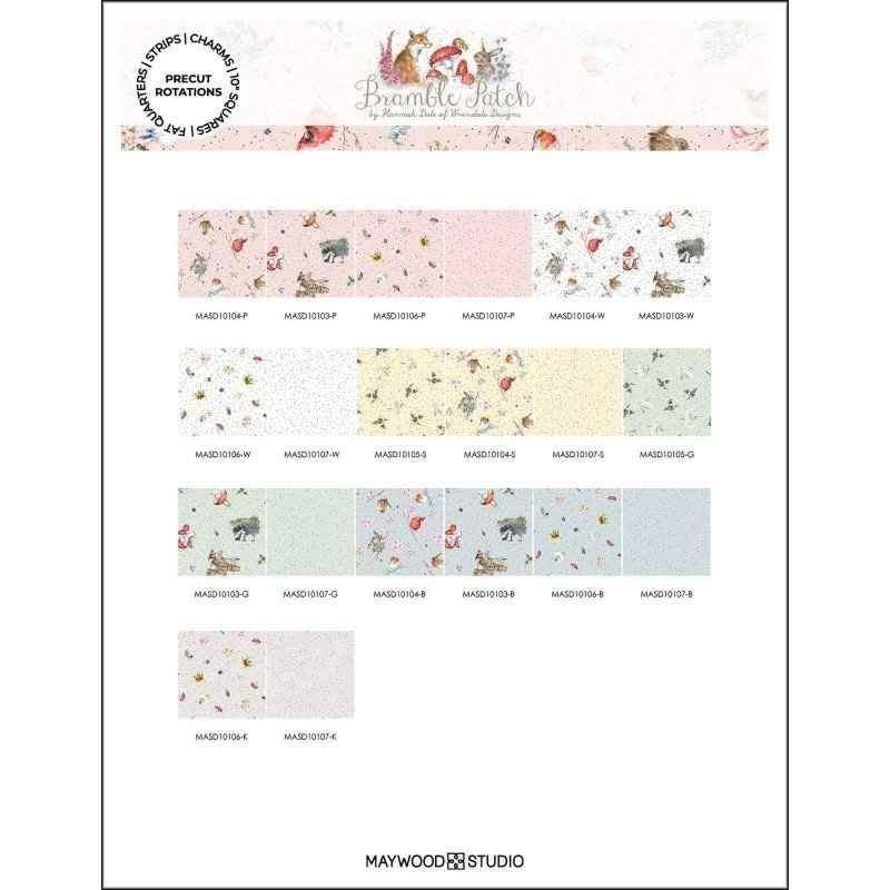 Fabric swatch card of Bramble Patch collection by Hannah Dale for Maywood Studio featuring woodland animals and florals in pastel colors