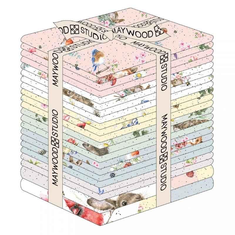 Fabric swatch card of Bramble Patch collection by Hannah Dale for Maywood Studio featuring woodland animals and florals in pastel colors