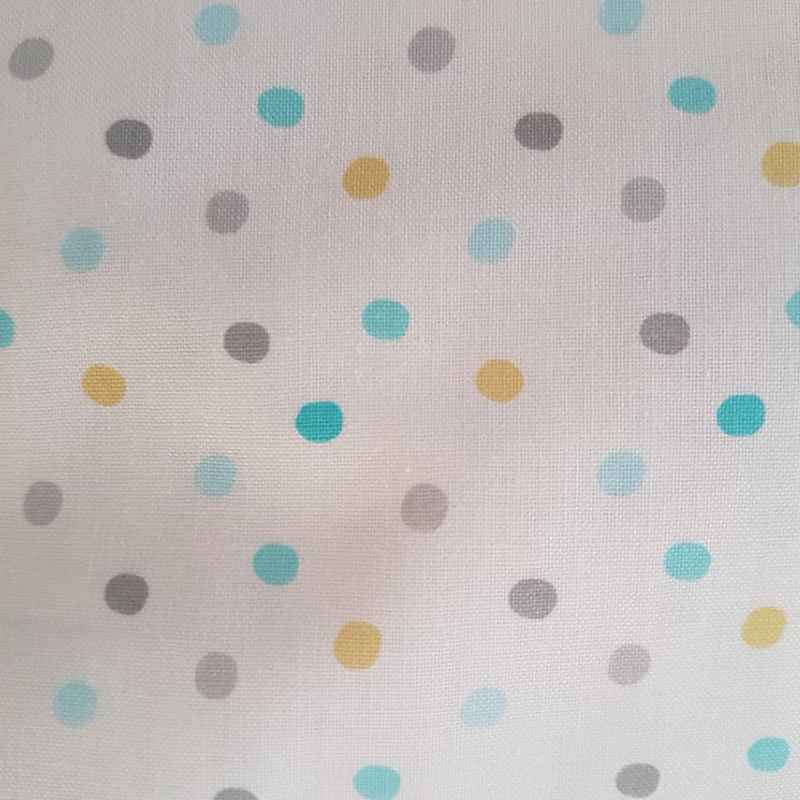 Michael Miller CX8547 Organic Dot cotton fabric with aqua, gray, and yellow polka dots on white.