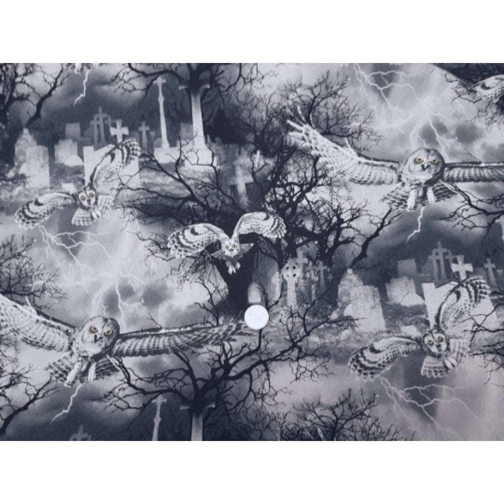 Owl Fabric, Halloween Fabric Owls in Graveyard, Black Gray | Fabric Design Treasures