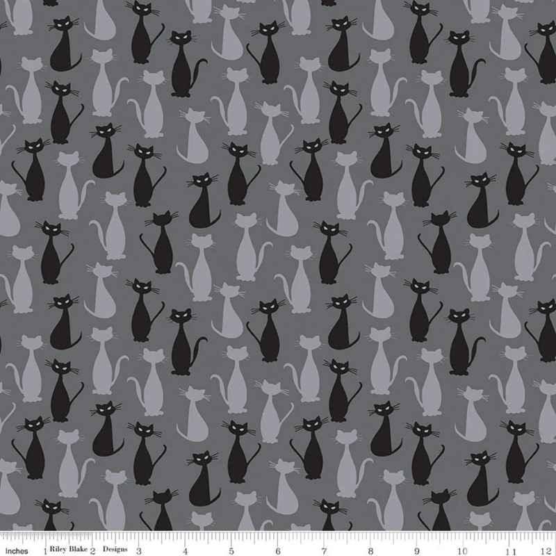 Charcoal Halloween cotton fabric with black and gray cats – Spooky Hollow Cats by Riley Blake Designs SC10573