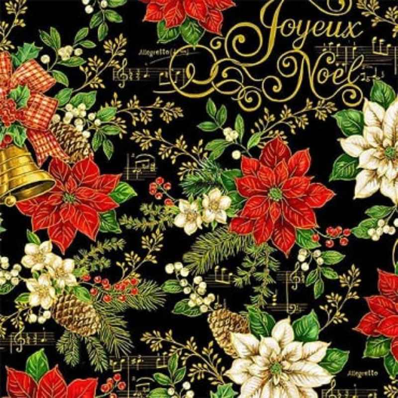 Timeless Treasures CM2050 Joyeux Noël fabric with red poinsettias, holly, bells, and metallic gold text on black.