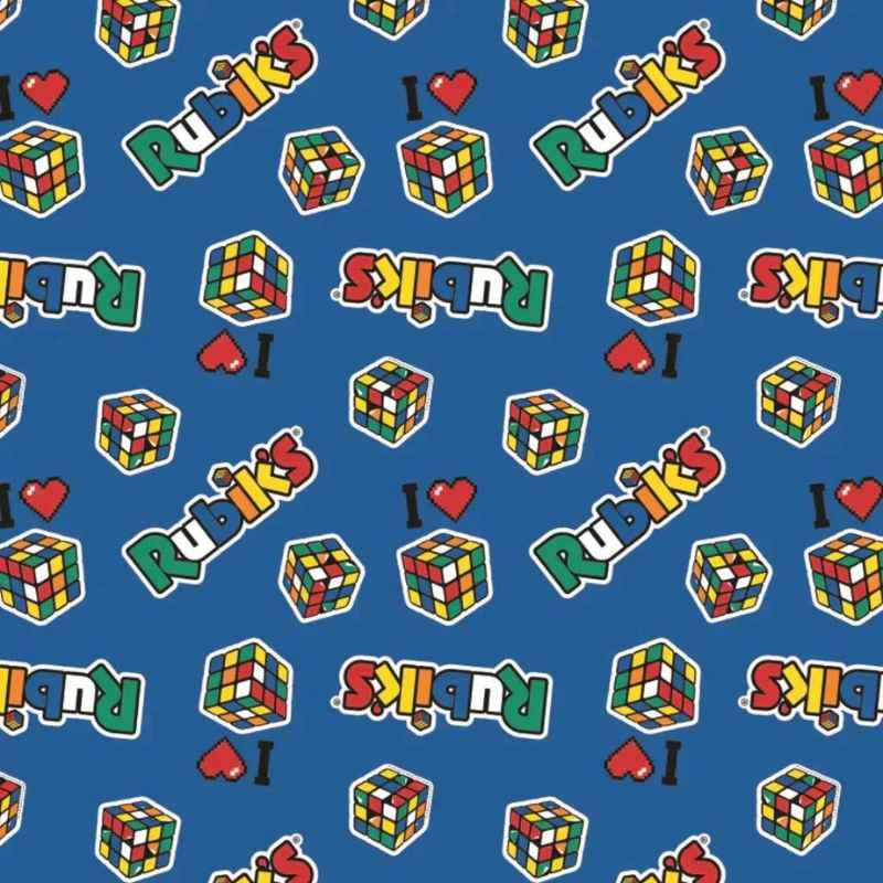 Blue cotton flannel fabric featuring colorful Rubik’s Cubes and “I ♥ Rubik’s” logos, officially licensed by Camelot Fabrics