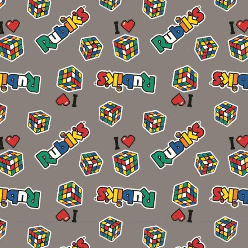Grey cotton flannel fabric featuring colorful Rubik’s Cubes and “I ♥ Rubik’s” logos, licensed by Camelot Fabrics