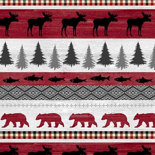 Rustic lodge stripe red fabric with moose, bears, trees, and fish by Painted Sky Studio for Benartex, Rustic Journey Crossroads P1650.