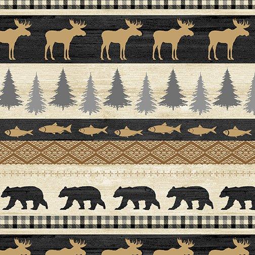 Rustic Journey Crossroads stripe fabric with bears, moose, trees, and fish by Painted Sky Studio for Benartex P1650