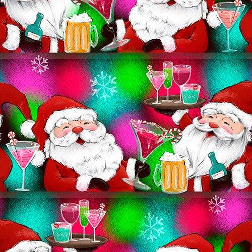 3 Wishes Holiday Spirits fabric with Santa drinking cocktails and beer by Courtney Morgenstern.