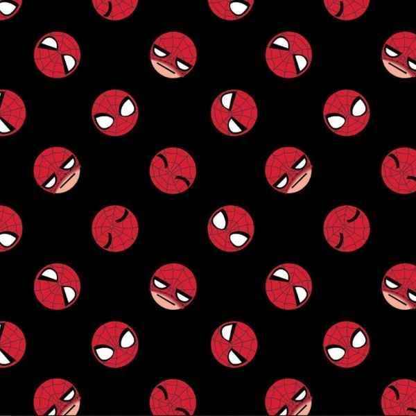 Camelot Fabrics Spiderman Emoji Faces fabric 13250102 with red cartoon Spiderman heads on black background.