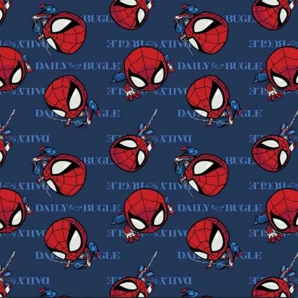 Camelot Fabrics 13250106 Marvel Spiderman Daily Bugle fabric with Spiderman faces and swinging poses on navy background.