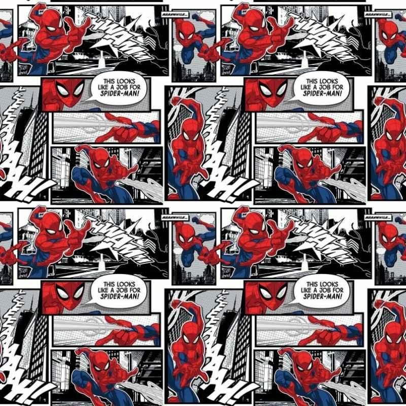Springs Creative CP71184 Spiderman Comic Panels fabric with red and blue Spiderman in black-and-white comic book frames and speech bubbles.