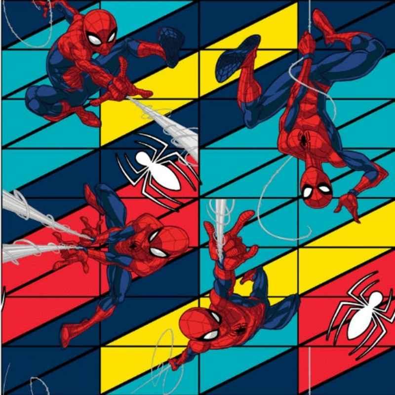 Springs Creative CP73250 Marvel Spiderman Swing fabric with Spiderman swinging on webs over colorful red, yellow, and blue geometric background.