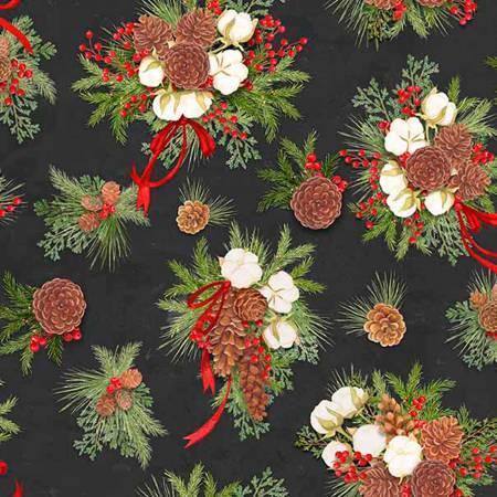 Holiday Pinecones CP72483 by Nicole Tamarin for Springs Creative with pinecones, cotton, berries, and greenery on black background.