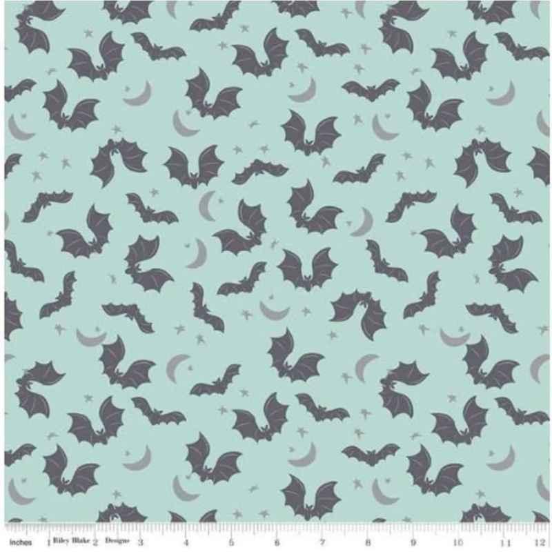 Teal Halloween cotton fabric with flying bats, moons, and stars – Spooky Hollow SC10572 by Riley Blake Designs
