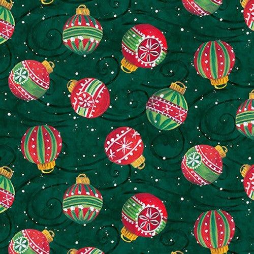Christmas Ornament Toss on Green cotton fabric with red and green baubles, stripes, and snowflake designs.