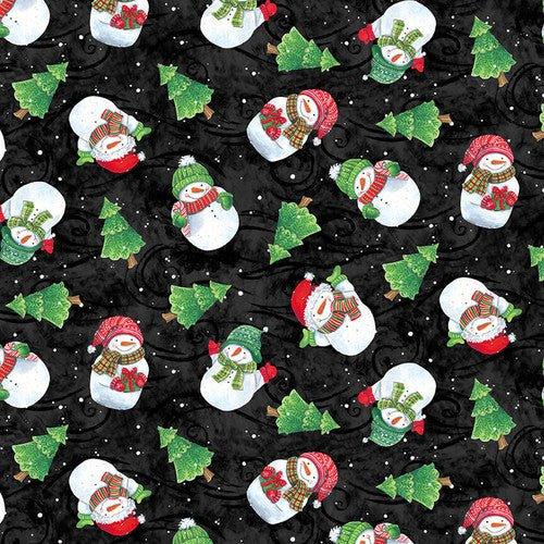 Blank Quilting Feeling Frosting 2226 by Diane Kater with snowmen, Christmas trees, and snowflakes on black.