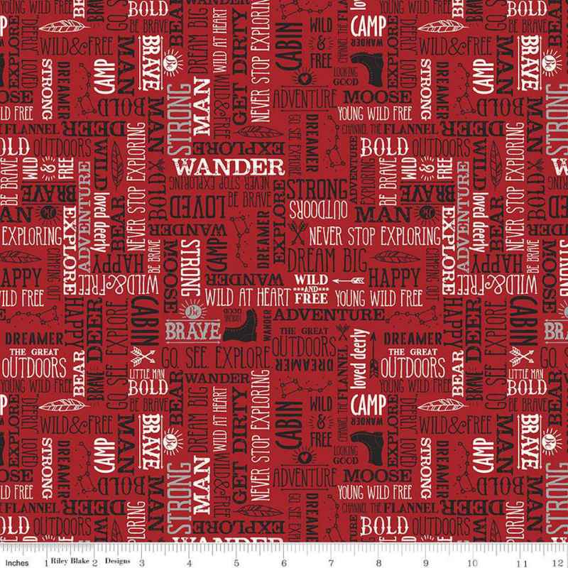 Red cotton flannel with bold white and black adventure-themed text including “Wander,” “Camp,” and “Never Stop Exploring” – 44 inches wide brushed cotton