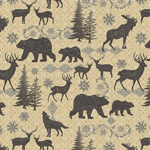 Rustic Journey tan fabric with moose, bears, deer, and wolves by Painted Sky Studio for Benartex, Crossroads Collection P1651.
