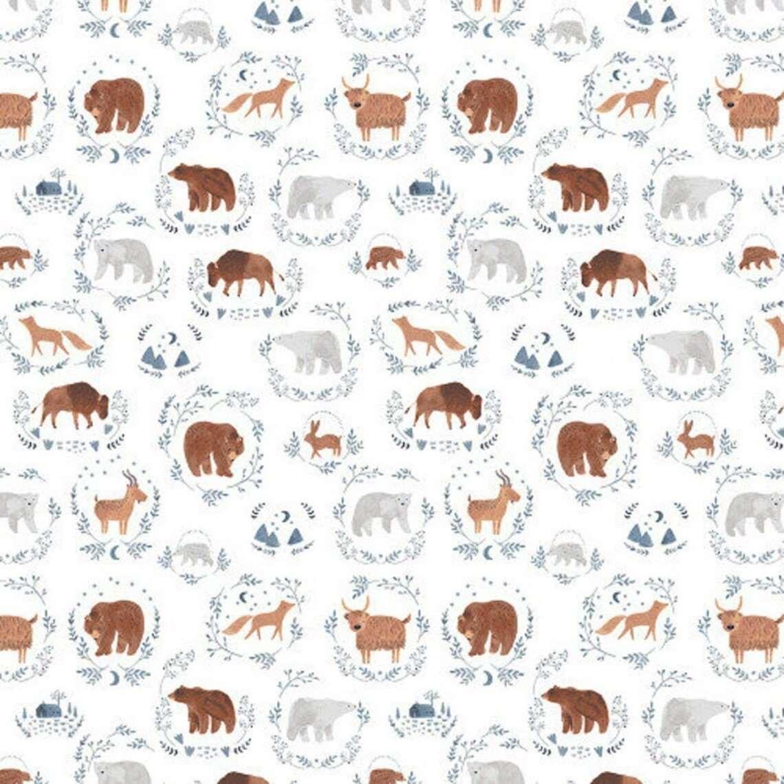 Dear Stella Brave Enough to Dream fabric with woodland animals including bears, foxes, bison, and deer on white background.